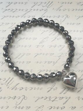 Silver Gunmetal Crystal Beaded Bracelet with Silver Heart Charm